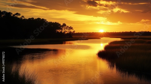 South Carolina Island. Sunset Glow over the Golden Salt Marsh Wetlands