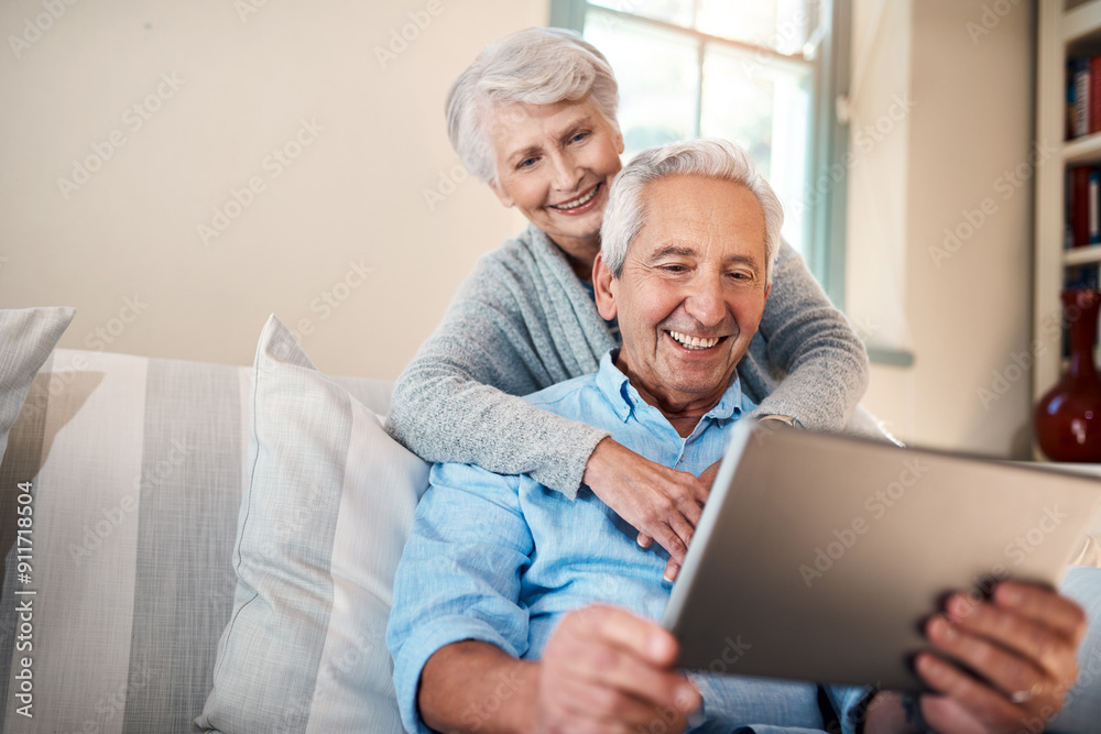 Happy old couple, tablet and results on investment app with smile or banking profit review in home. Hug, senior and elderly people reading online retirement savings, insurance growth or news update Happy old couple, tablet and results on investment app with smile or banking profit review in home. Hug, senior and elderly people reading online retirement savings, insurance growth or news update
