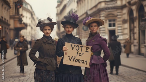 Three suffragettes holding a vote for women sign on a city street photo