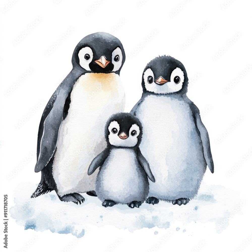 Naklejka premium Watercolor Penguin. Cute Baby Penguin Family Illustration on Winter White Background