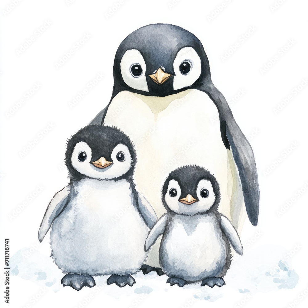 Obraz premium Watercolor Penguin. Cute Family of Baby Penguins in Winter Christmas Theme