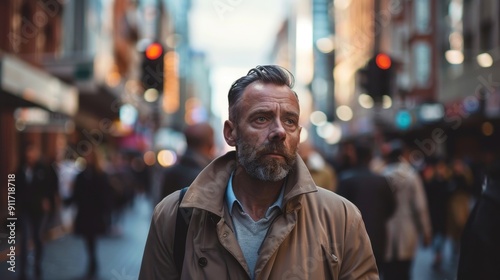 A man walks thoughtfully through a bustling city street filled with people and traffic lights