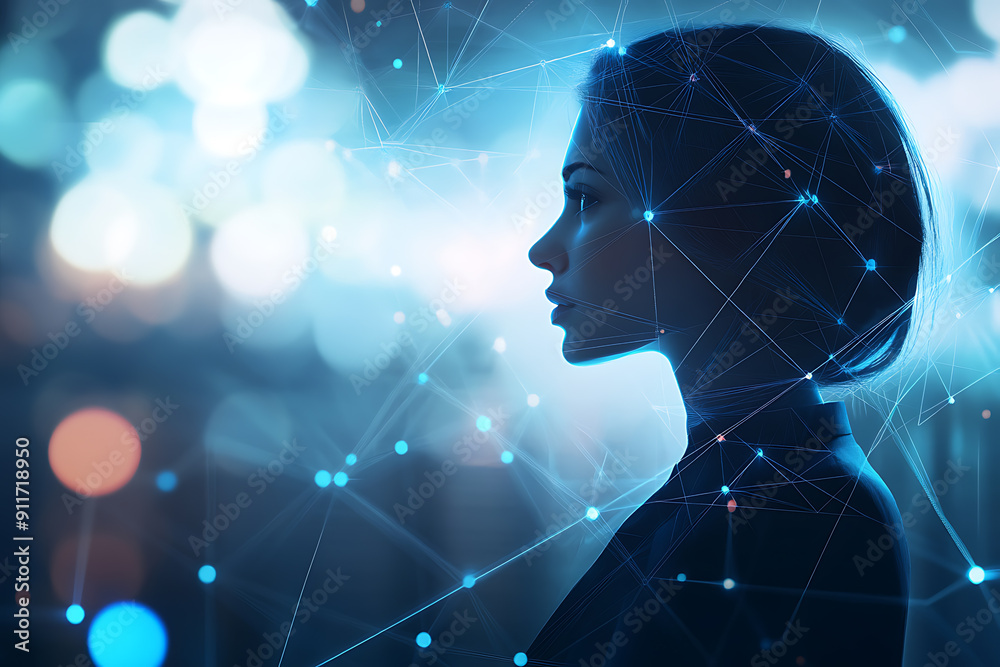An abstract digital background banner showcasing an office manager, enhanced with connecting data points in blue and black colors An abstract digital background banner showcasing an office manager, enhanced with connecting data points in blue and black colors