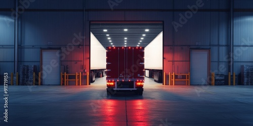 Truck Back Up. Red and White Semi Delivery Truck Reversing into Warehouse Bay