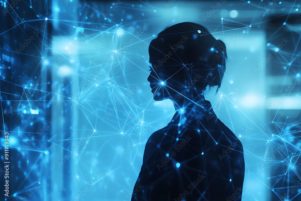 An abstract digital background banner showcasing an office manager, enhanced with connecting data points in blue and black colors An abstract digital background banner showcasing an office manager, enhanced with connecting data points in blue and black colors