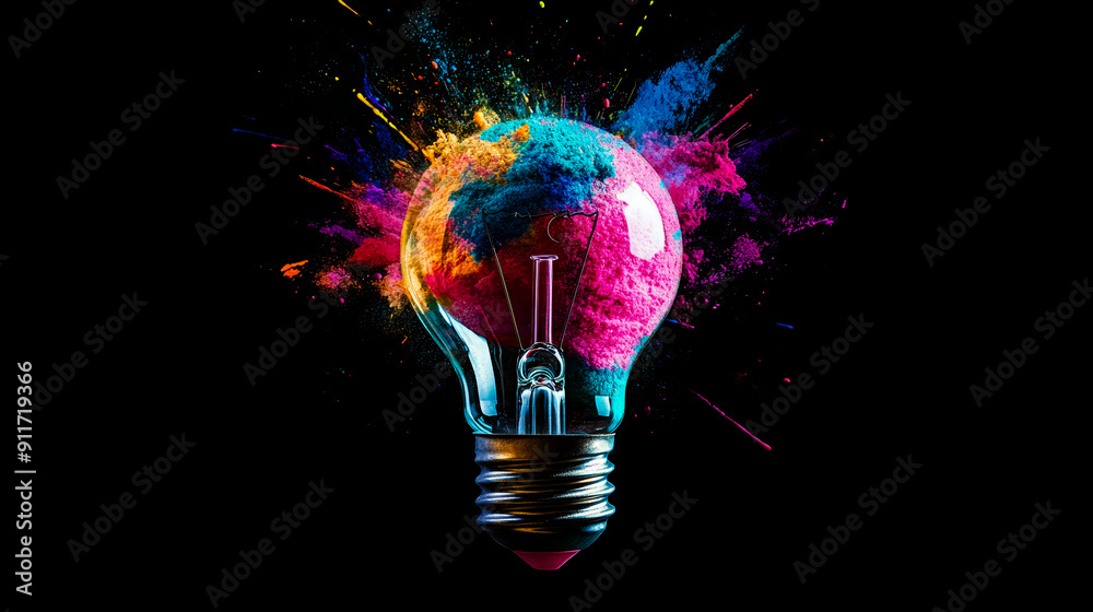 Light bulb explodes with bright colorful splashes, visualization of brainstorming, bright idea and creative thinking Light bulb explodes with bright colorful splashes, visualization of brainstorming, bright idea and creative thinking