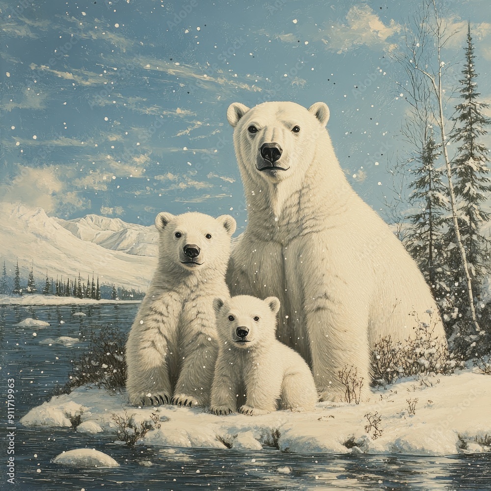 Polar bear family in a snowy landscape Polar bear family in a snowy landscape