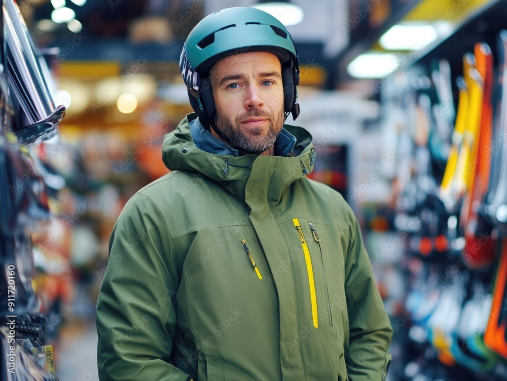 Ski Boots Man. Portrait of Adult Male Demonstrating Ski Gear in Store with Helmet and Jacket Ski Boots Man. Portrait of Adult Male Demonstrating Ski Gear in Store with Helmet and Jacket