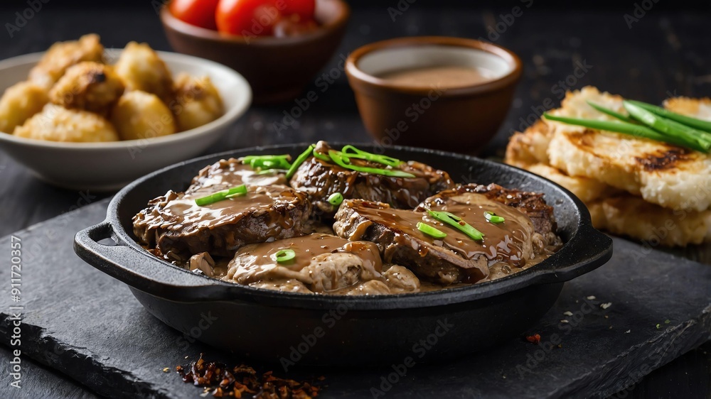 filipino style patty with mushroom sauce on a sizzling art .jpeg filipino style patty with mushroom sauce on a sizzling art .jpeg