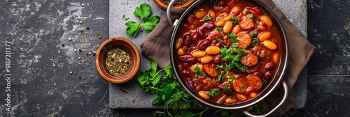 Heartwarming Polish fasolka po bretonsku stew with sausages, herbs, and spices, flat lay concrete photo