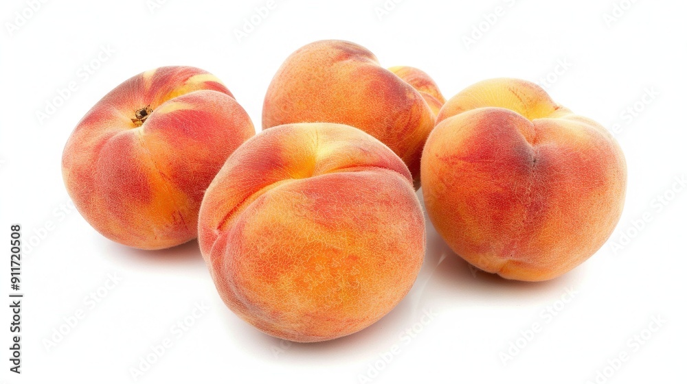 A cluster of peaches positioned together on a white background with a central peach A cluster of peaches positioned together on a white background with a central peach