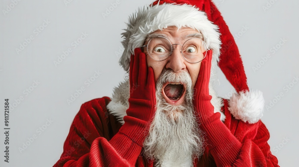 Naklejka premium joyful santa claus expressing surprise and happiness with hands on face excited christmas character portrait studio shot on white