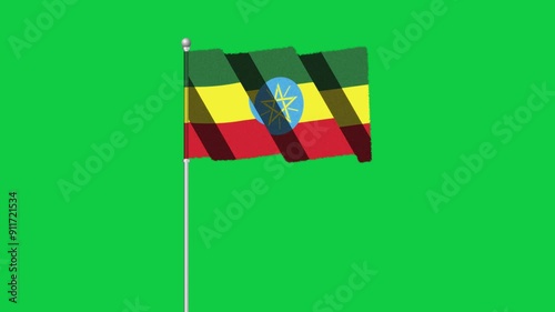 4K ETHIOPIA flag old animation with pole waving on chroma key green screen