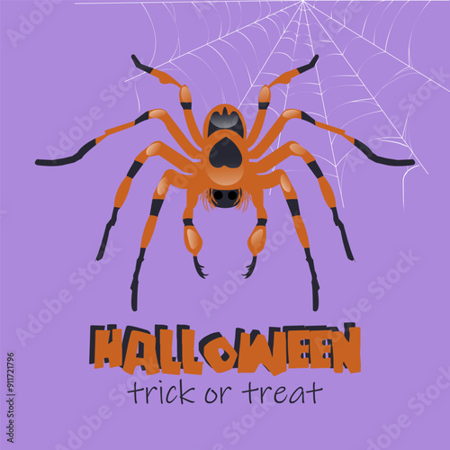 Design of a postcard, banner, poster for a Halloween event. Orange scary tarantula spider on purple background