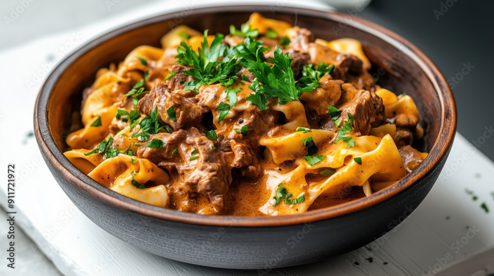 Traditional Hungarian food Beef Stroganoff with tender beef in a creamy sauce over egg noodles, garnished with fresh parsley. Traditional Hungarian food Beef Stroganoff with tender beef in a creamy sauce over egg noodles, garnished with fresh parsley.