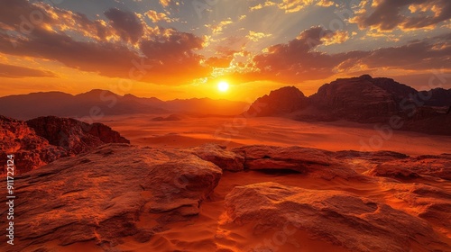 Wadi Rum Sunset: Jordan's Valley of the Moon Stone Structures under Sunlight