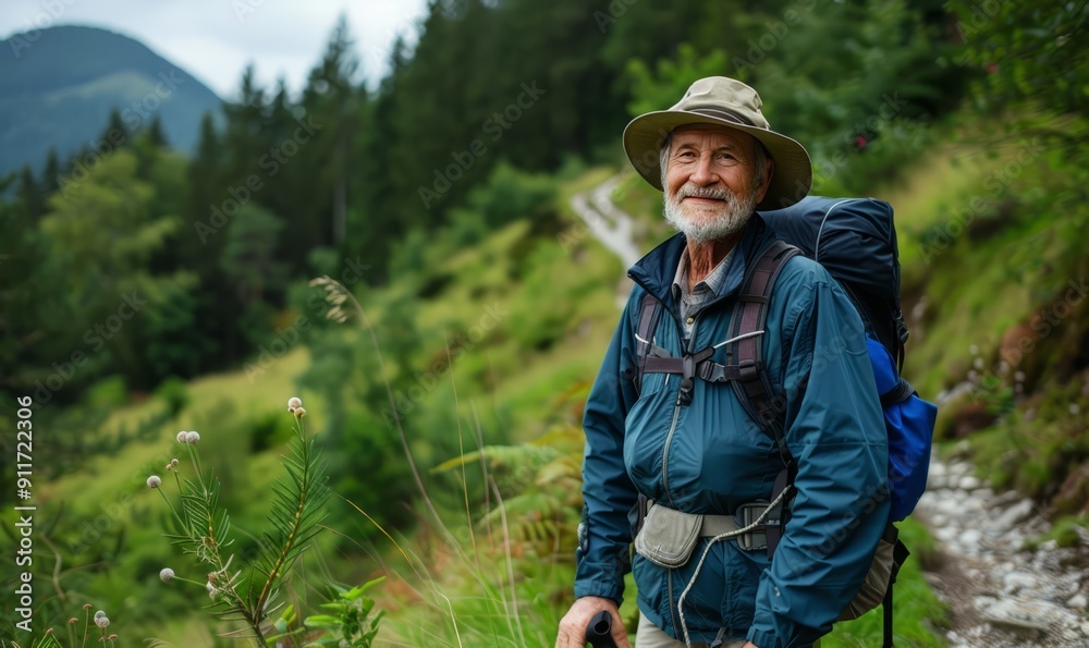 Elderly man hiking on a mountain trail. Middle-aged man hiking Elderly man hiking on a mountain trail. Middle-aged man hiking