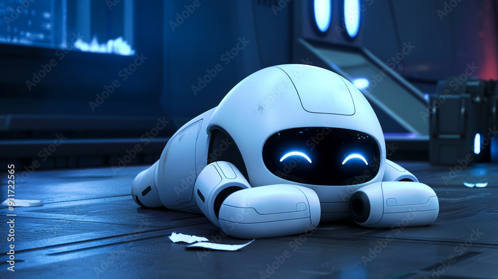 Adorable Robot Lying Down in Futuristic Environment Adorable Robot Lying Down in Futuristic Environment