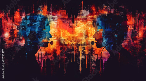 Abstract Silhouettes of Two People with Headsets on Colorful Background