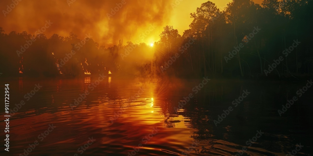 Sunrise over Smoke Filled Sky Reflecting Forest Fire in the Water