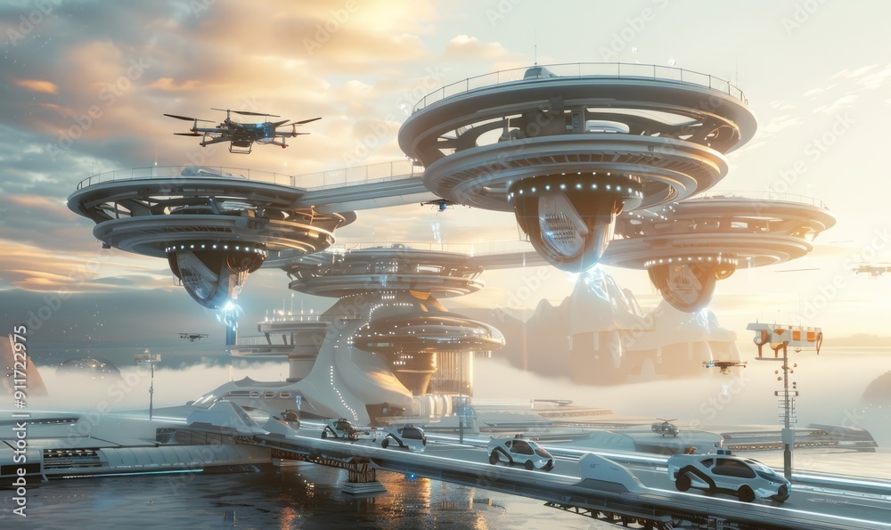 Futuristic transport hub with flying taxis and drones Futuristic transport hub with flying taxis and drones