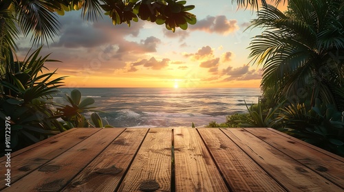 Wooden table with a view of the sunset over an exotic beach, surrounded by palm trees and string lights. Created with Ai