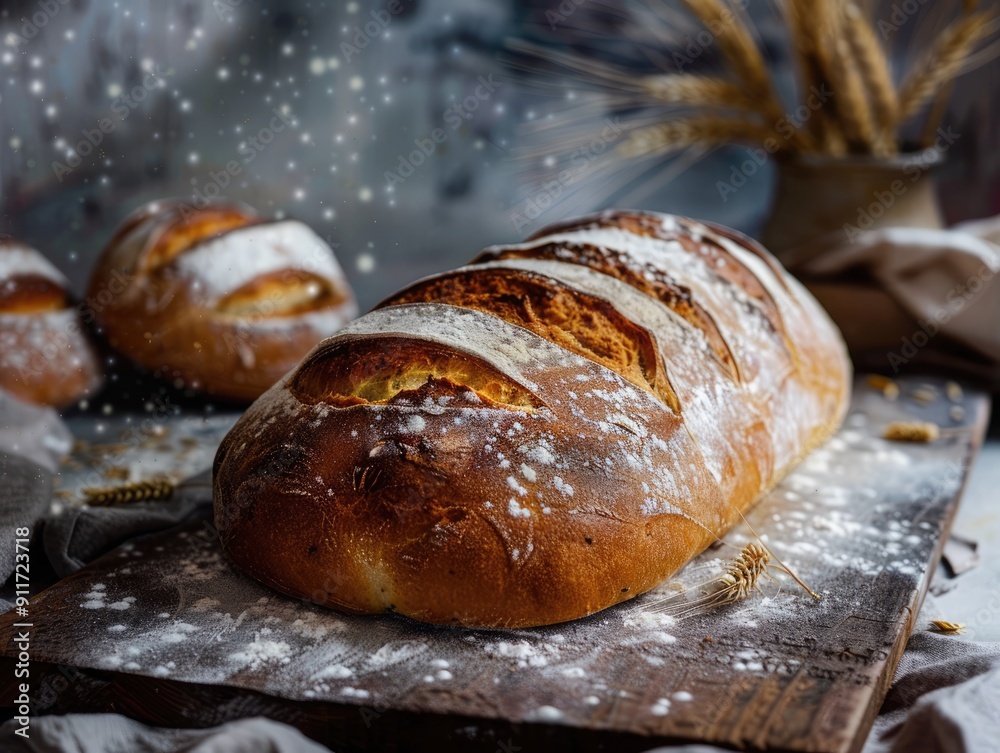 Baked loaf with a golden crust, excellent for illustrating home baking and artisanal food Baked loaf with a golden crust, excellent for illustrating home baking and artisanal food