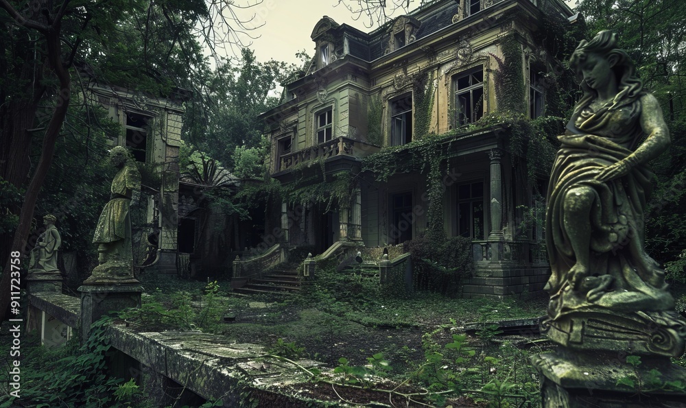 Haunted mansion grounds: Overgrown gardens, broken statues, eerie mansion in disrepair, spooky abandoned estate Haunted mansion grounds: Overgrown gardens, broken statues, eerie mansion in disrepair, spooky abandoned estate