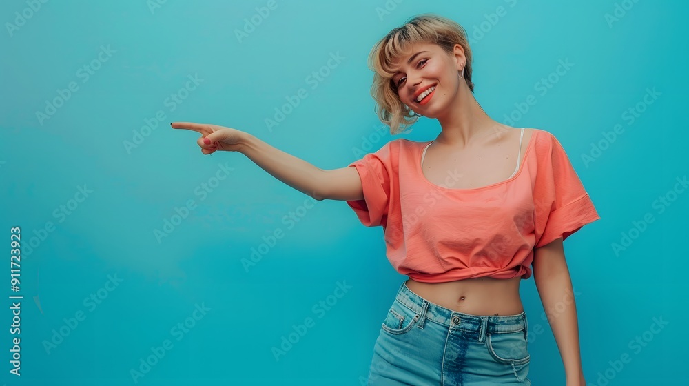 Happy woman with curly hair in off-shoulder pink top pointing to the left against turquoise background Happy woman with curly hair in off-shoulder pink top pointing to the left against turquoise background