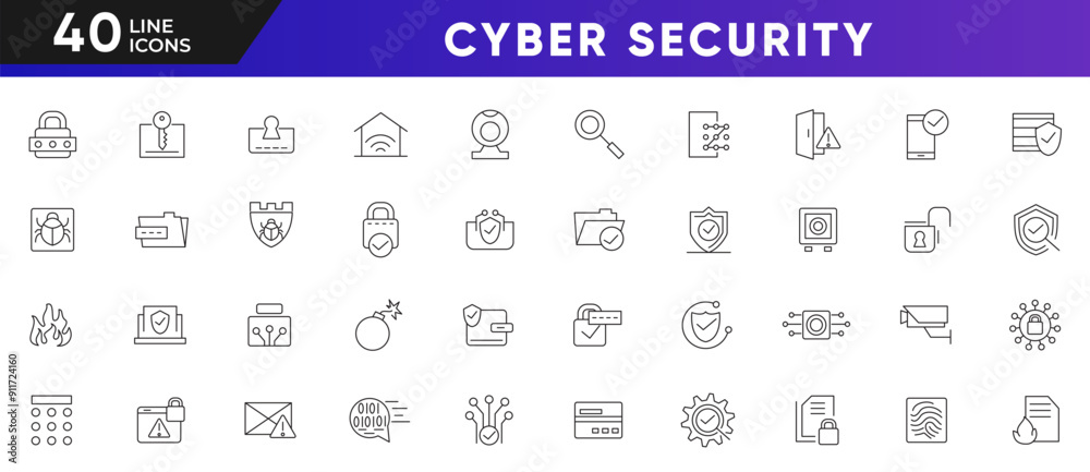 Cyber security line icon set. Security, Lock, Firewall, Mobile bank, Badge, Password, CCTV, Defence, Unlocked outline icon collection. UI thin line icon pack. Cyber security line icon set. Security, Lock, Firewall, Mobile bank, Badge, Password, CCTV, Defence, Unlocked outline icon collection. UI thin line icon pack.