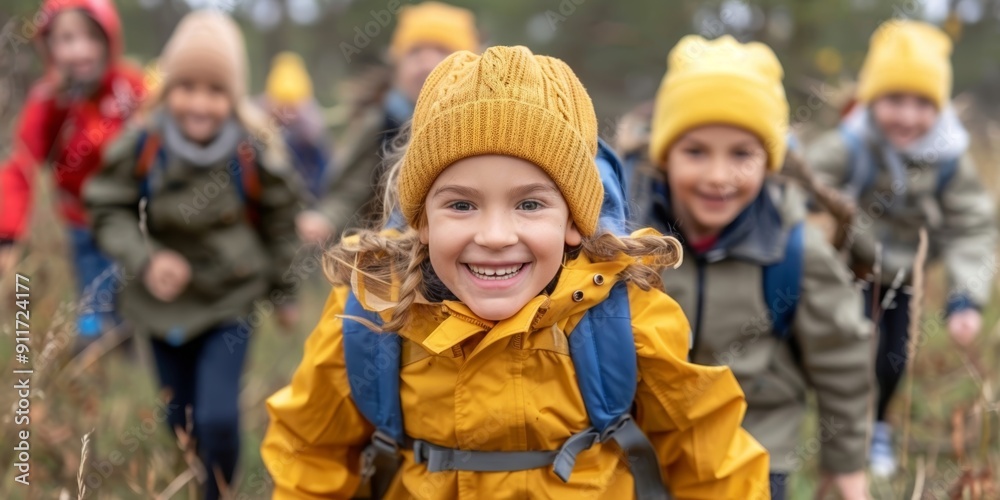 Family Ecotourism, Close-up of smiling young girl in yellow jacket and beanie, leading group of children on nature hike. Concept: childhood adventure, outdoor fun, exploration, group activity, nature Family Ecotourism, Close-up of smiling young girl in yellow jacket and beanie, leading group of children on nature hike. Concept: childhood adventure, outdoor fun, exploration, group activity, nature