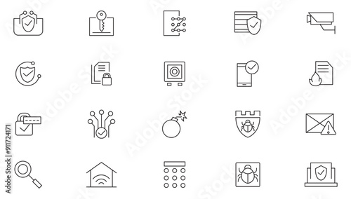 Cyber security line icon set. Security, Lock, Firewall, Mobile bank, Badge, Password, CCTV, Defence, Unlocked outline icon collection. UI thin line icon pack.