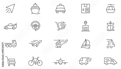 Transport line icon set. Containing car, bike, plane, train, bicycle, motorbike, bus, scooter, box, electric, rocket, run, ship, cable outline icon collection. UI thin line icon pack. 