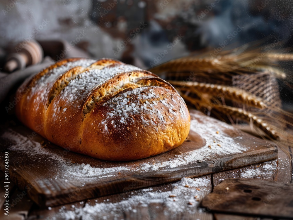 Crusty loaf in a baking pan, excellent for showcasing artisanal food and bakery products Crusty loaf in a baking pan, excellent for showcasing artisanal food and bakery products
