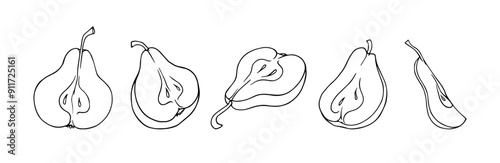 Set of linear sketches, contours of halves of pear fruits. Vector graphics.