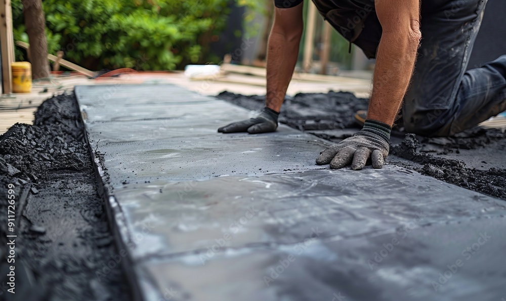 man laying concrete paving slabs for patio man laying concrete paving slabs for patio