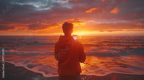 Silhouette of happy young man taking photo by smartphone.Tourist enjoy beautiful sunset at the beach. Travel, relaxing, vacation summer concept