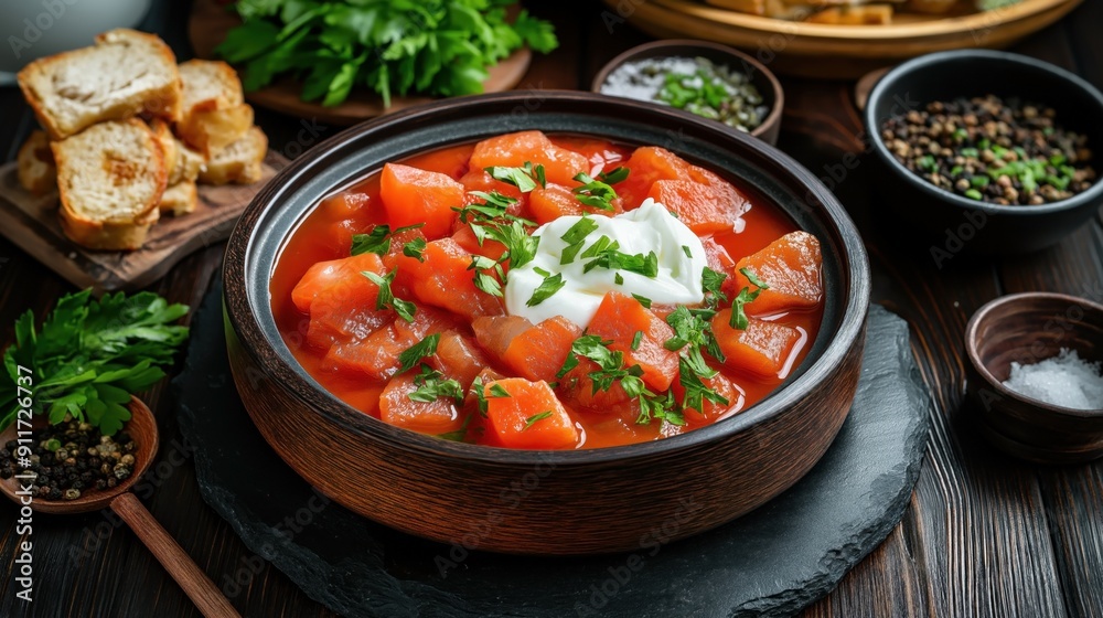 Traditional Ukrainian food Borscht showcasing beetroot-based soup, topped with sour cream and parsley. Traditional Ukrainian food Borscht showcasing beetroot-based soup, topped with sour cream and parsley.