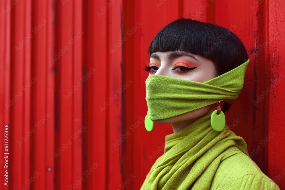 Portrait of a Person in Bright Bratcore Fashion with Green Mask and Bold Makeup - Design for Posters and Fashion Editorials