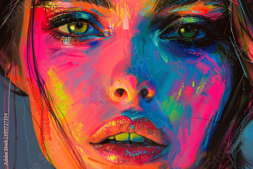 Abstract pop art portrait of a woman with bright neon colors on her face photo