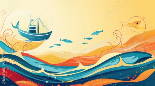 World Fisheries Day. Fishing vessel in ocean or sea with fish. Flat illustration. Horizontal banner. Free space for text. World Tuna Day. World Ocean Day Fishing Day. Postcard, template photo