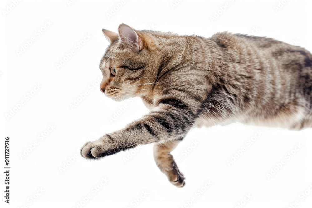 Obraz premium energetic shorthair cat midleap suspended in air against pure white backdrop sharp focus captures muscular form and alert expression