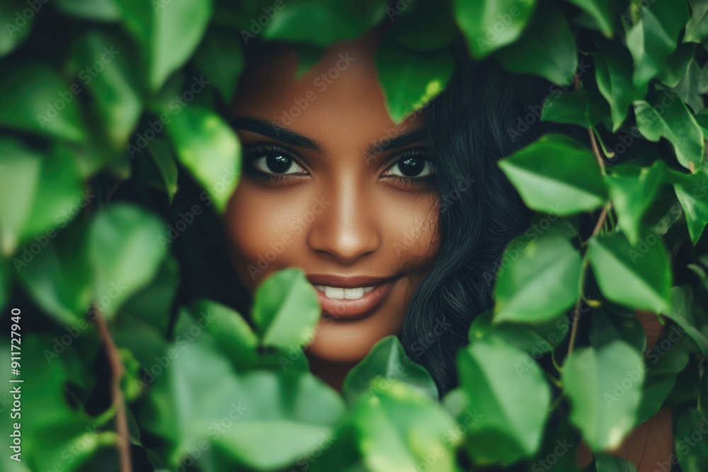Portrait of a Woman in Nature Surrounded by Lush Green Leaves Portrait of a Woman in Nature Surrounded by Lush Green Leaves