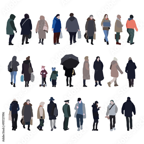 A large set of silhouettes of people. 2D image for use as an entourage. Vector flat city infographics.