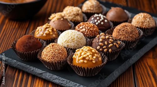 Traditional Brazilian food Brigadeiro. Chocolate truffles covered in toppings like cocoa powder, sprinkles, and nuts, arranged on a slate tray in paper cups. photo