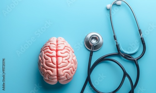 Neurological and psychological care Symbol of brain and stethoscope on blue background highlighting conditions like Alzheimer s Parkinson s dementia stroke seizure and mental health awarene photo