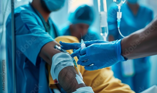 Nurse inserting IV into arm of patient in hospital, closeup