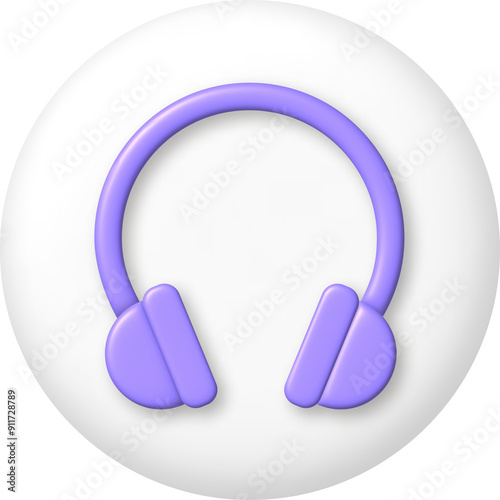3d icon. Purple headphones on white button. PNG illustration.