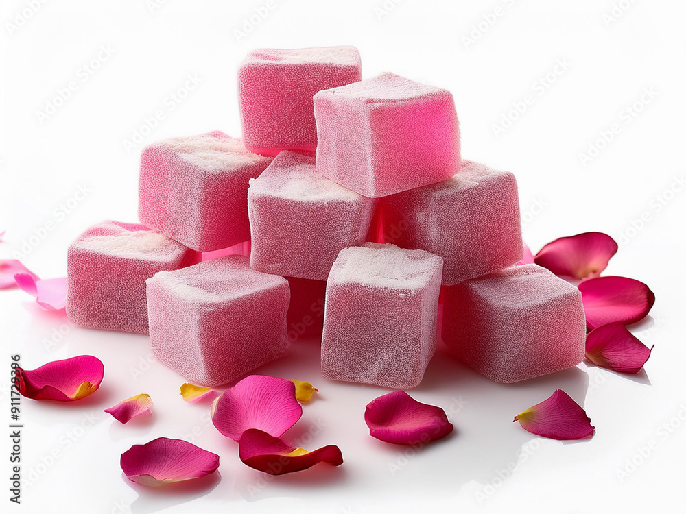 Turkish Delight with Rose Flavor and with rose petals on white background isolated, close up rose Turkish Delight. Turkish Delight with Rose Flavor and with rose petals on white background isolated, close up rose Turkish Delight.