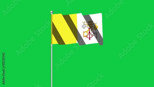 4K VATICAN flag old animation with pole waving on chroma key green screen